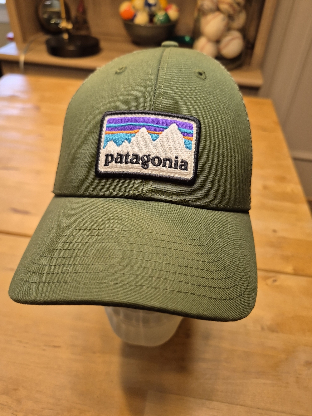Patagonia Olive Green Baseball Cap with Multicolor Mountain Patch